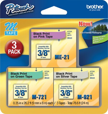 Brother P-touch M-E793 Label Maker Tape, 3/8 x 26-2/10, Black on Assorted Colors, 3/Pack (M-E793)