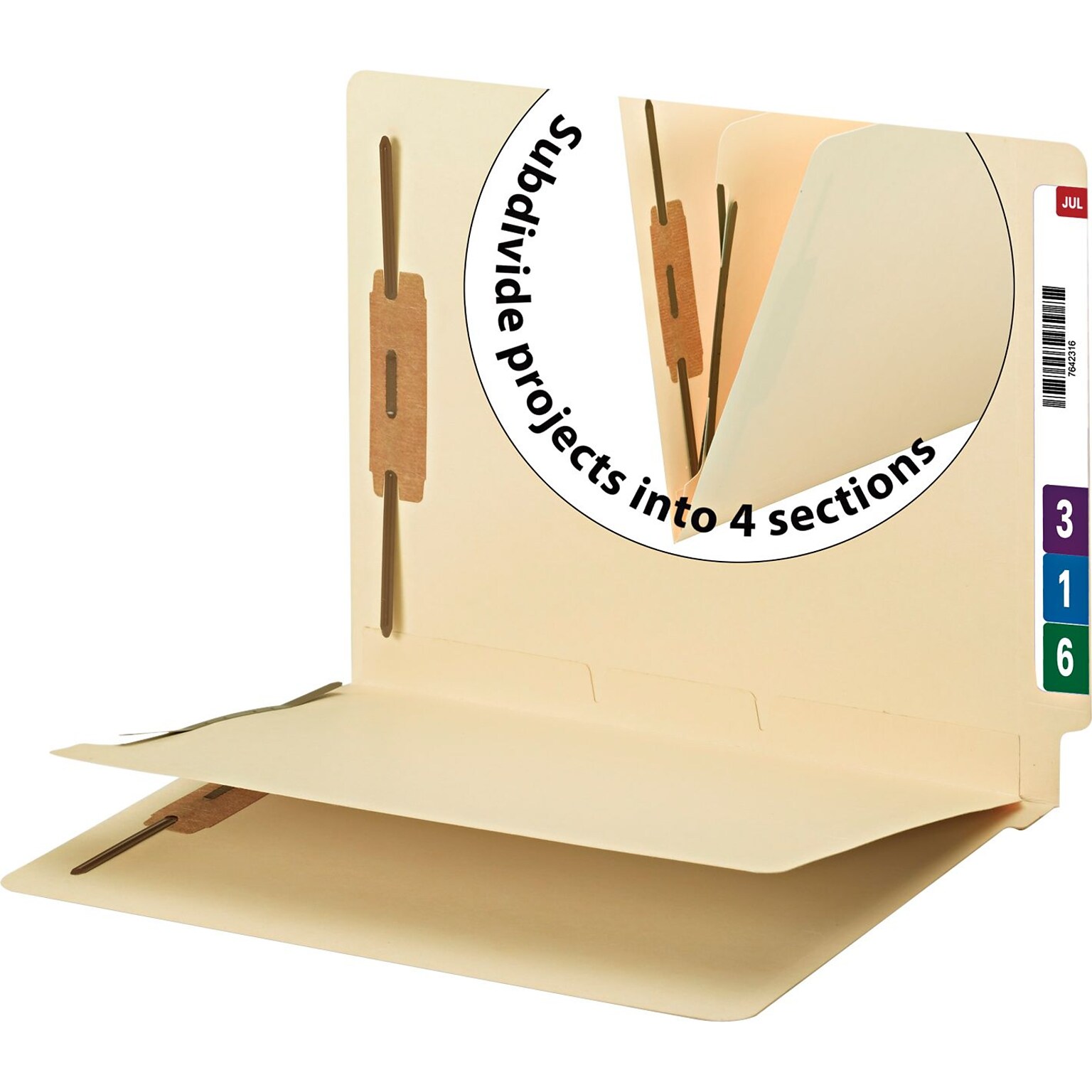 Smead Reinforced End-Tab Fastener Folders with Divider, 2-Fasteners, Letter Size, Manila, 50/Box (34220)