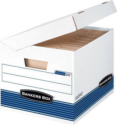 Bankers Box Systematic Medium-Duty FastFold File Storage Boxes, Flip-Top Lid, Letter/Legal Size, White/Blue, 12/Ct (0005502)
