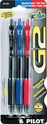 Pilot G2 Retractable Gel Pens, Fine Point, Assorted Ink, 3/Pack (31023)