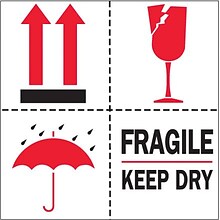 The Packaging Wholesalers Fragile Keep Dry Shipping Label, 4 x 4, 500/Roll