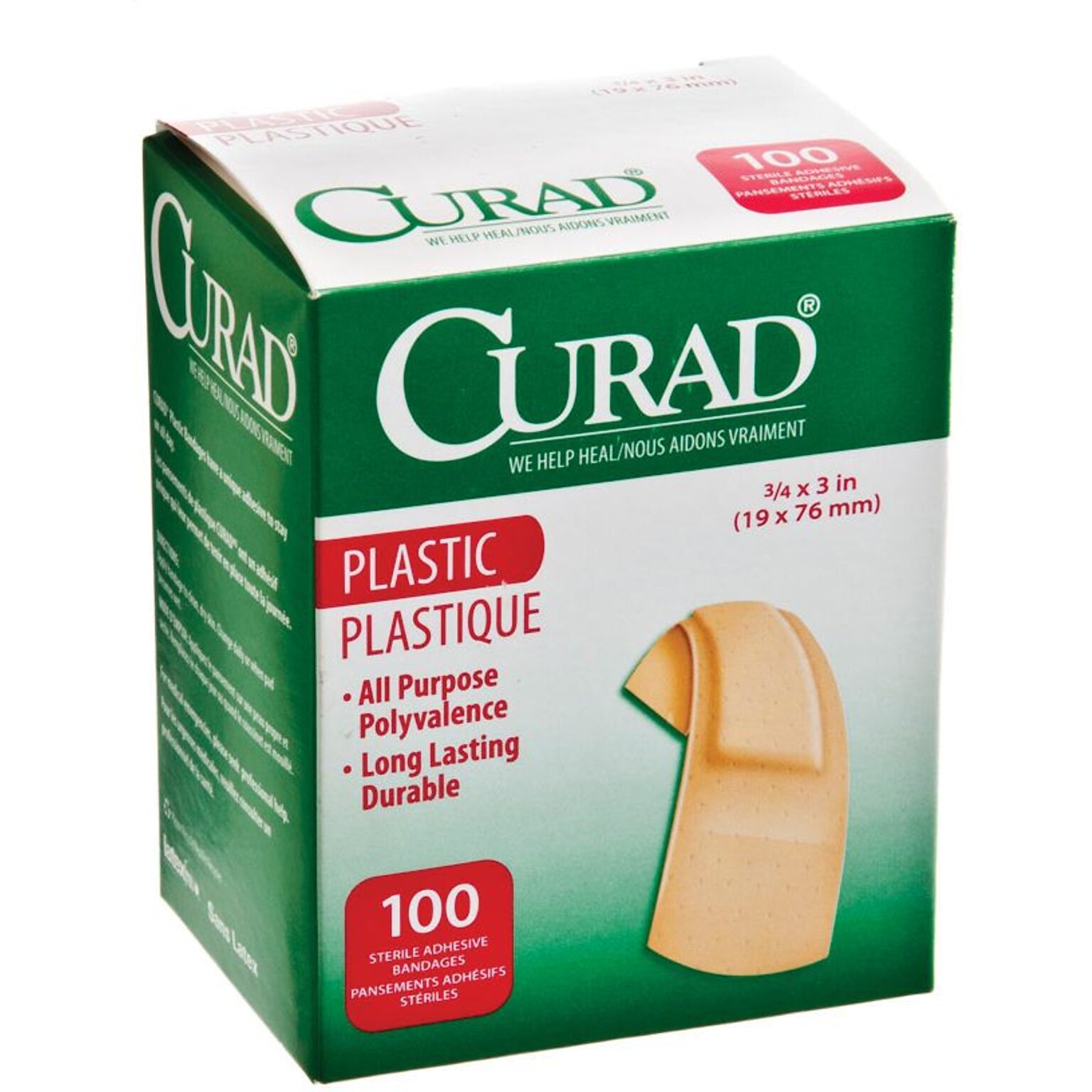 Curad® Adhesive Bandages, 3/4X3, Plastic, 100/Box, 12 Boxes/Case