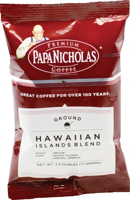 Papa Nicholas Premium Hawaiian Islands Blend Ground Coffee, Light/Mild Roast, 2.5 oz. Packets, 18/Ca