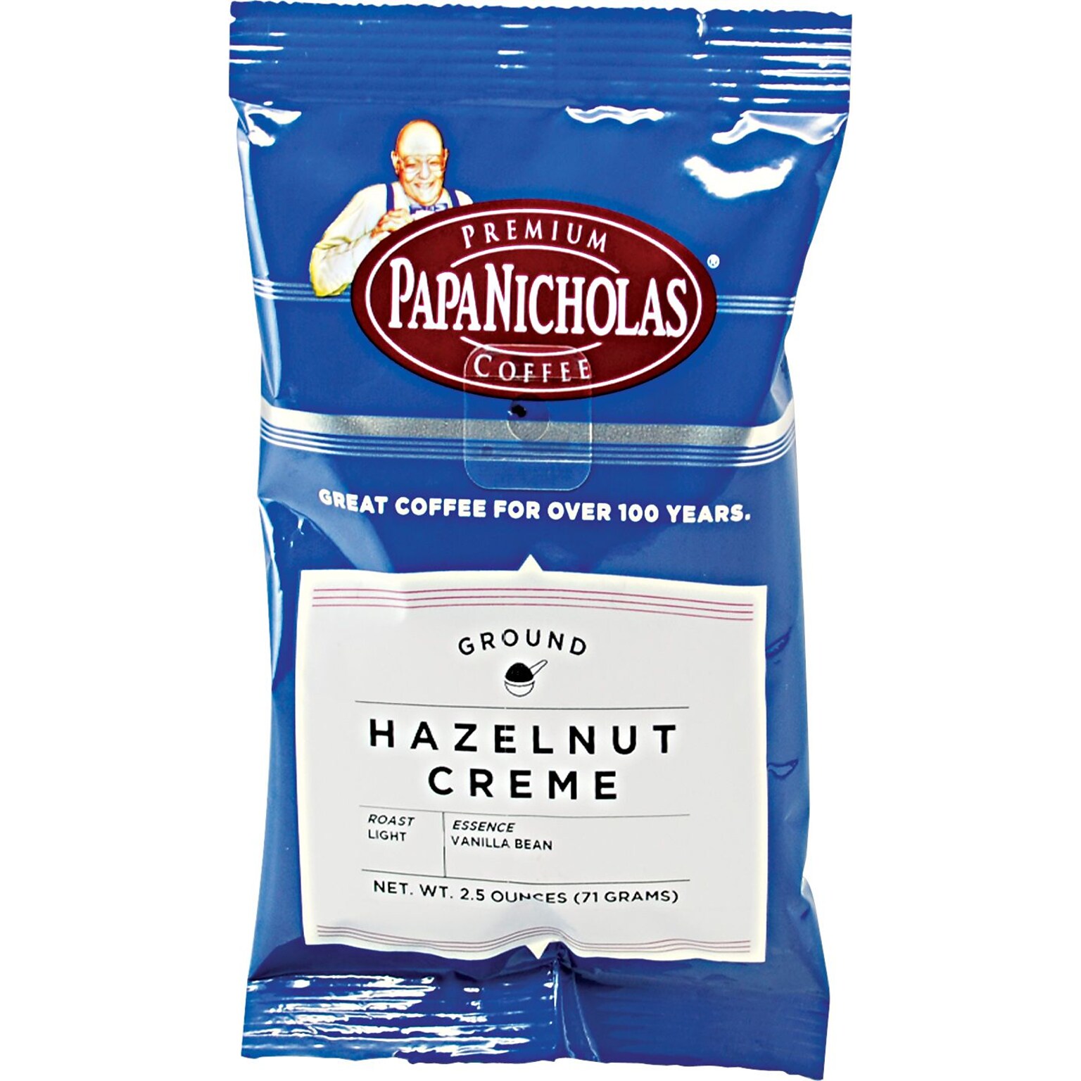 Papa Nicholas Premium Hazelnut Creme Ground Coffee, Light/Mild Roast, 2.5 oz. Packets, 18/Carton (CO25187)