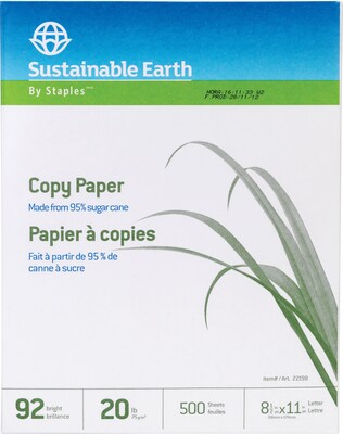 Sustainable Earth Sugarcane-based Copy Paper, 8 1/2 x 11, 20lb., 500/Ream