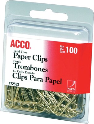 ACCO Gold Tone #2 Paper Clips, Gold, 100/Pack (72533)