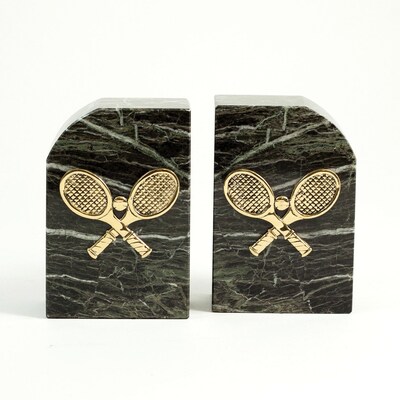 Bey-Berk R10E Tennis Bookends, Green Marble, Gold Plated Finish