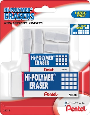 Pentel Hi-Polymer Eraser, White Erasers, Assorted Sizes, 6/Pack (ZEH2510BP)