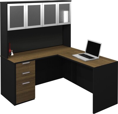 Bestar® Pro-Concept Collection; L-Shaped Desk with Tall Hutch, Chocolate Bamboo & Black