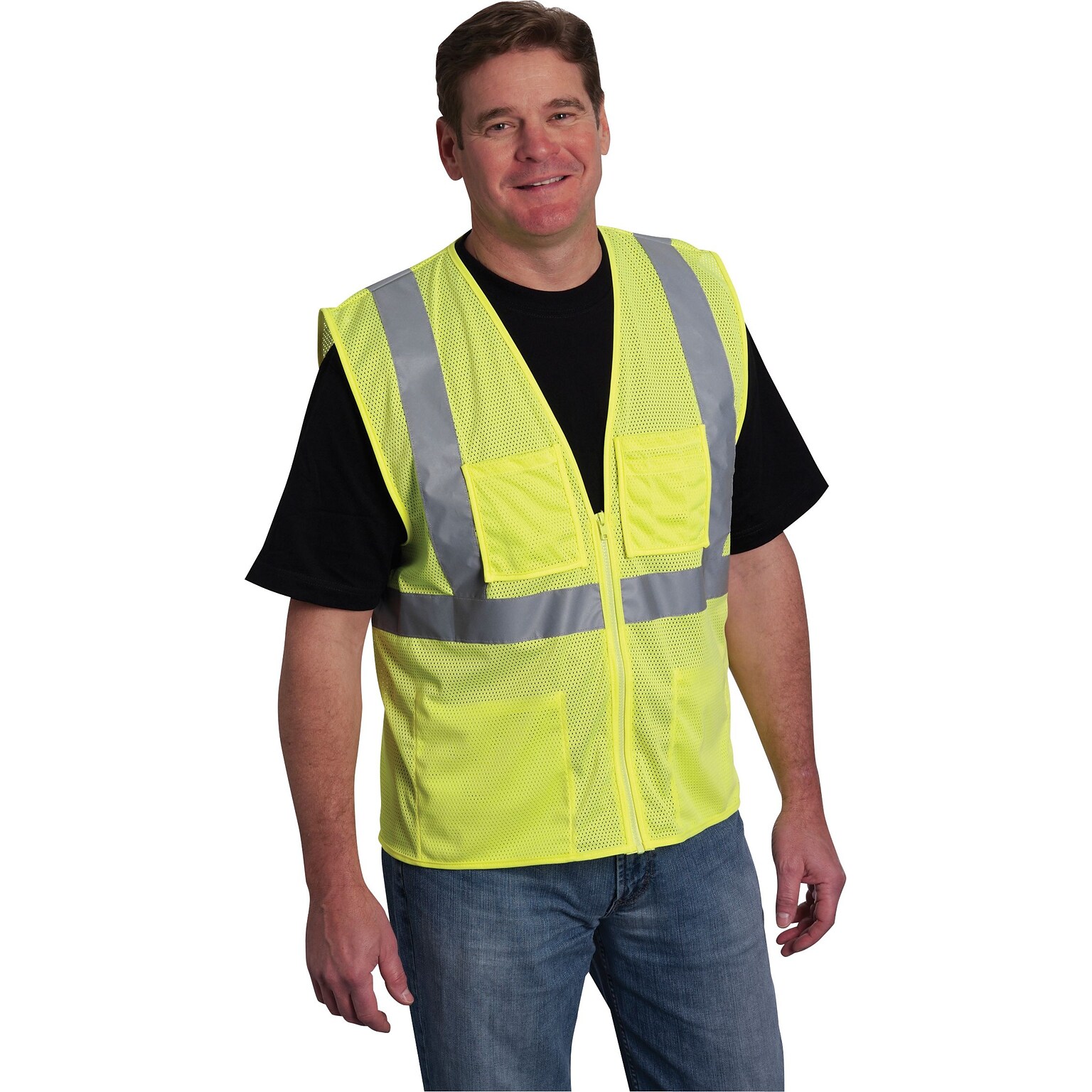 Protective Industrial Products High Visibility Sleeveless Safety Vests, ANSI Class 2, Yellow Mesh, Large (302-MVGZ4PLY-L)