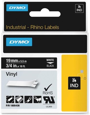 DYMO Rhino Colored Vinyl 1805436 Label Maker Tape, 3/4"W, White on Black