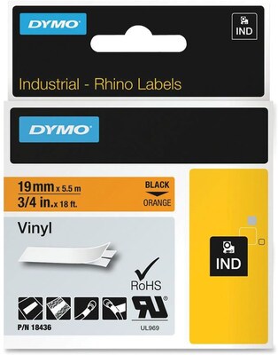 DYMO Rhino Industrial 18436 Vinyl Label Maker Tape, 3/4 x 18, Black on Orange (18436)