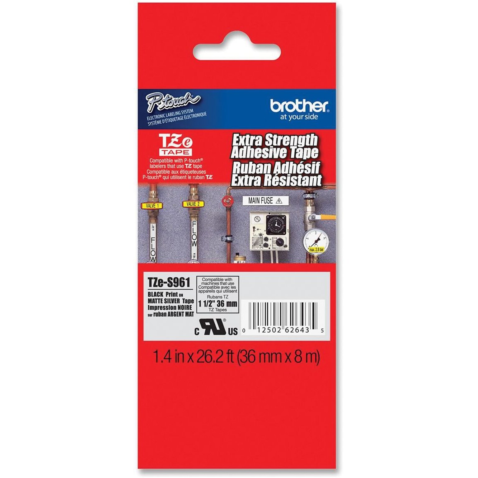 Brother P-touch TZe-S961 Laminated Extra Strength Label Maker Tape, 1-1/2 x 26-2/10, Black on Matte Silver (TZe-S961)