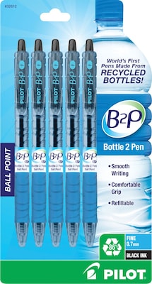Pilot B2P Bottle 2 Pen Retractable Ballpoint Pens, Fine Point, Black Ink, 5/Pack (32612)