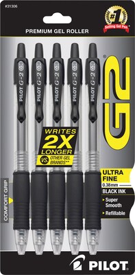 Pilot G2 Retractable Gel Pens, Ultra Fine Point, Black Ink, 5/Pack (31306)