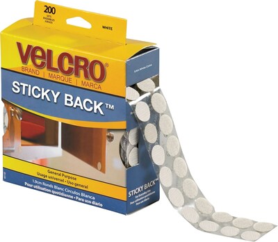 Velcro® Brand Sticky Back Round Dots 3/4 Hook & Loop Fastener, White, 200/Pk (VEL153)