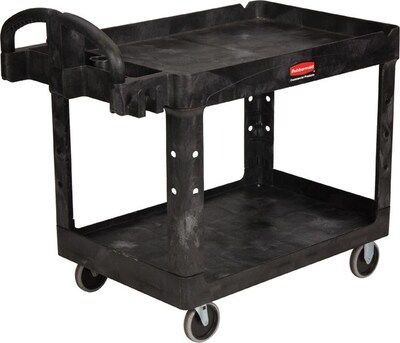Rubbermaid Heavy Duty 4-Shelf Resin Mobile Utility Cart with Lockable Wheels, Black (640-4520-88-BLA)