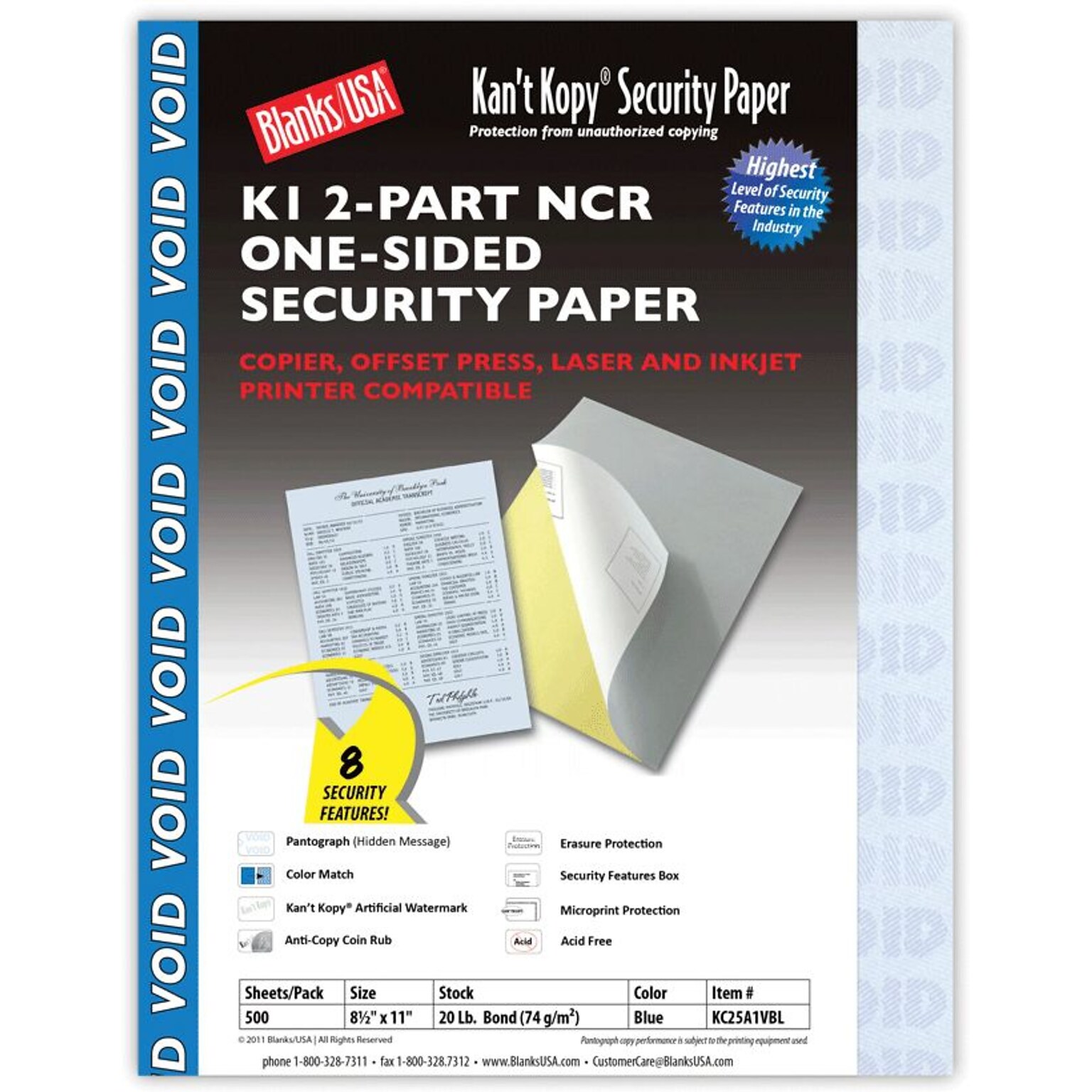 Blanks USA Kant Kopy 8.5 x 11 Carbonless Security Paper, 20 lbs., Blue, 500 Sheets/Ream (KC25A1VBL)