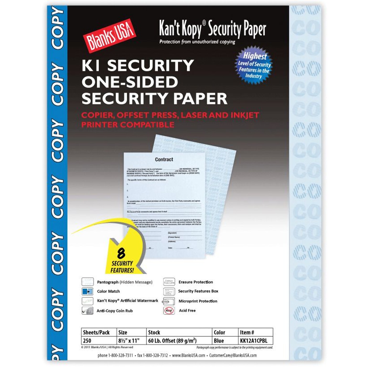 Blanks USA Kant Kopy 8.5 x 11 Security Paper, 60 lbs., Blue, 250 Sheets/Pack (KK12A1CPBL)