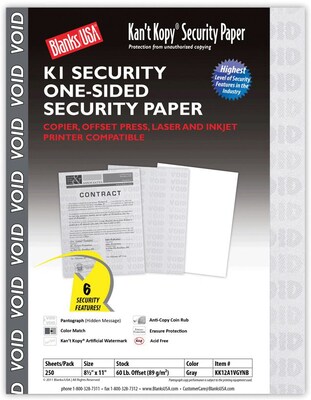 Blanks USA Kant Kopy 8.5 x 11 Security Paper, 60 lbs., Gray, 250 Sheets/Pack (KK12A1VGYNB)