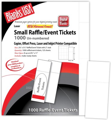 Blanks/USA® 2 1/8 x 5 1/2 Digital Index Cover Event Ticket, White, 125/Pack