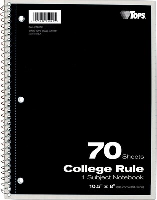 TOPS 1-Subject Notebook, 8 x 10.5, College Ruled, 70 Sheets, Assorted Colors (TOP 65021)