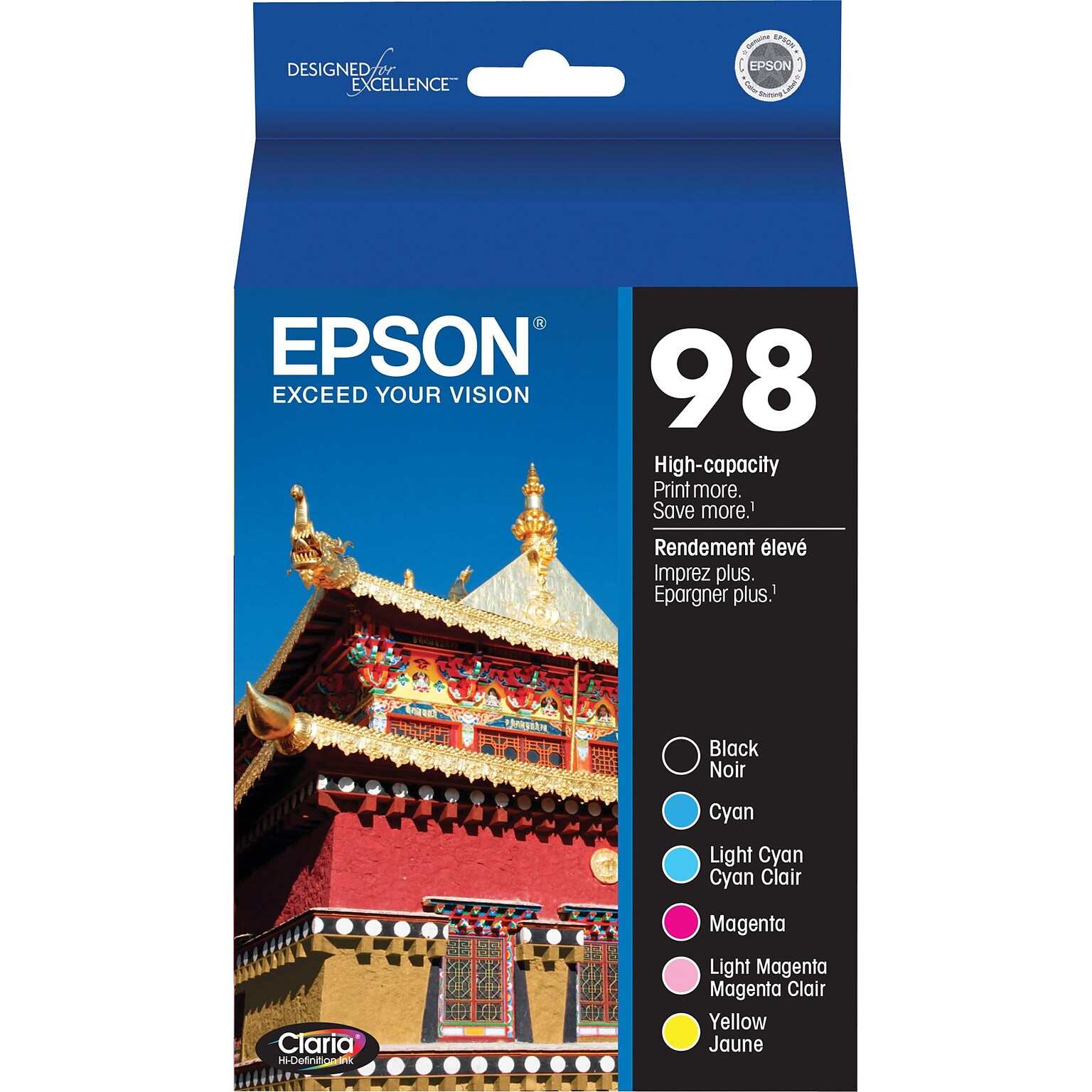 Epson 98 Black/Cyan/Light Cyan/Magenta/Light Magenta/Yellow High Yield Ink Cartridge, 6/Pack