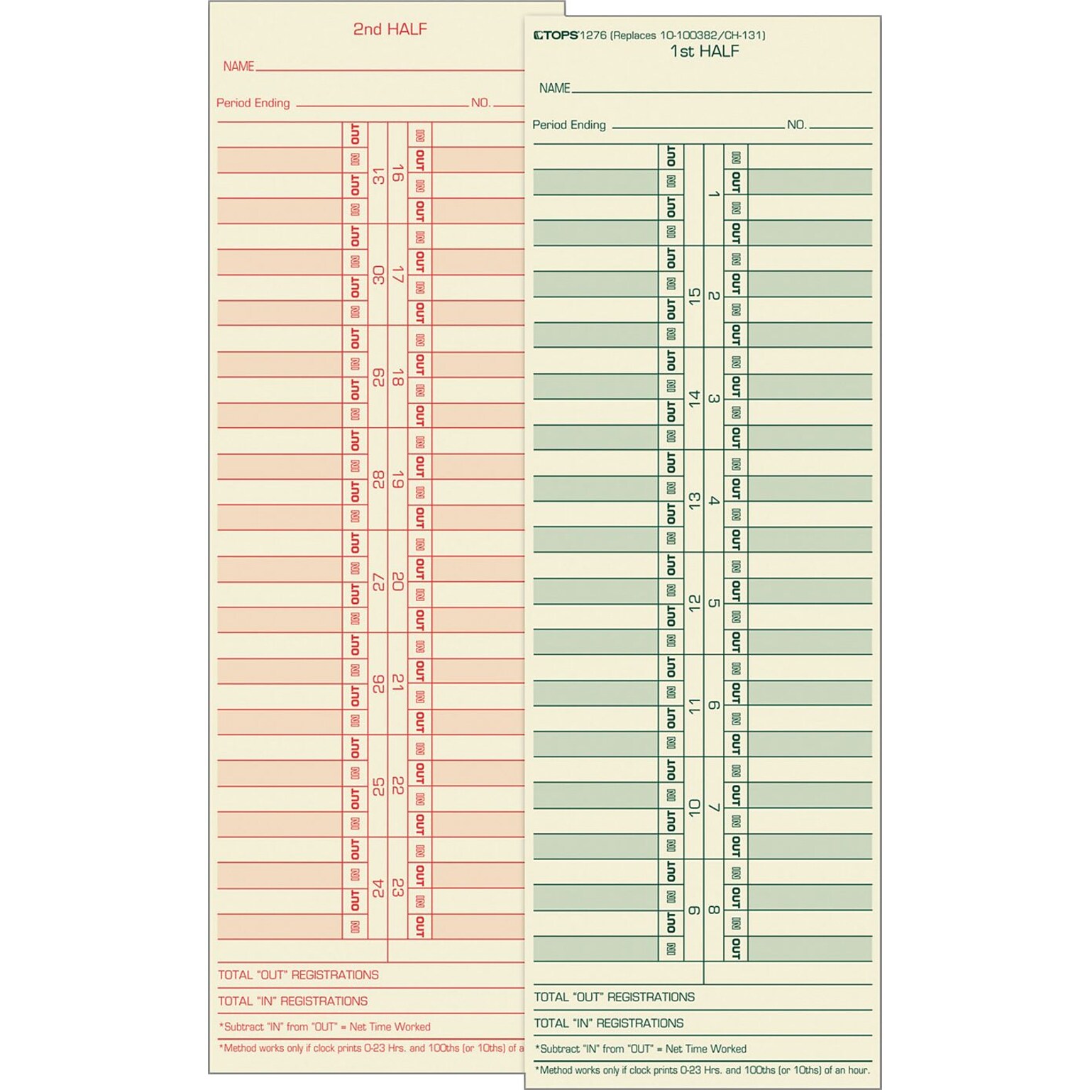 TOPS® Semi-Monthly Time Cards - Numbered Days, 10 1/2 x 3 1/2, 500/Bx (TOP1276)