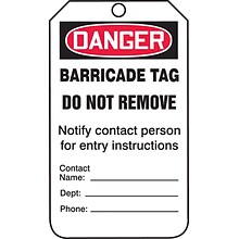 Accuform 5 3/4 x 3 1/4 PF-Cardstock Barricade Tag DANGER BARRICADE.., Red/Black On White, 25/Pac