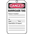 Accuform Signs® 5 3/4 x 3 1/4 RP-Plastic Barricade Tag DANGER BARRICADE.., Red/Black On White