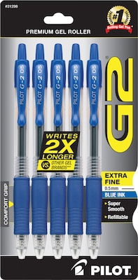 Pilot G2 Rollerball Gel Pen, Extra Fine Point, 0.5mm, Blue Ink, 5/Pack (31298)