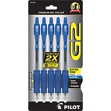 Pilot G2 Rollerball Gel Pen, Extra Fine Point, 0.5mm, Blue Ink, 5/Pack (31298)