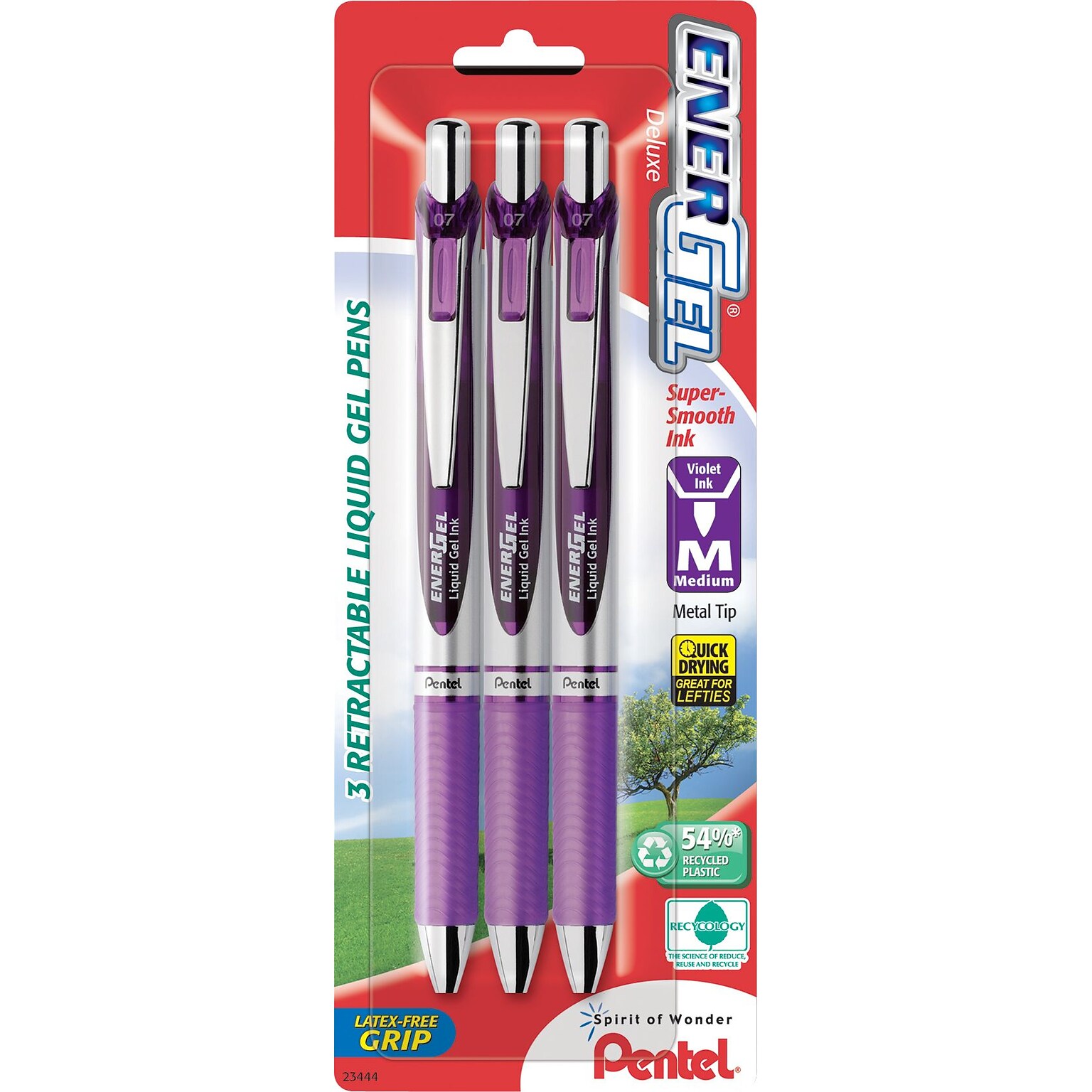 Pentel EnerGel RTX Retractable Gel Pens, Medium Point, Purple Ink, 3/Pack (BL77BP3V)