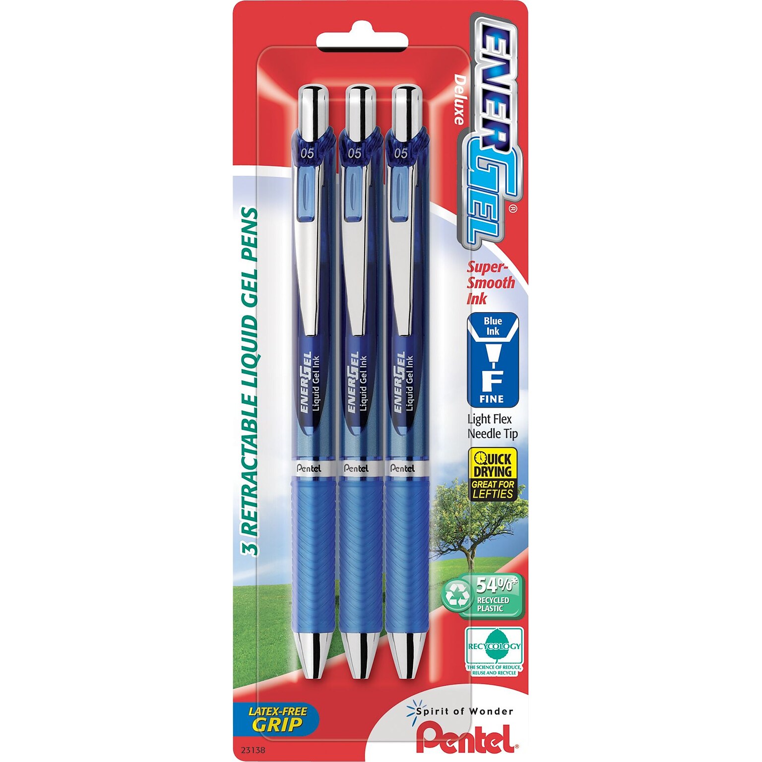 Pentel EnerGel RTX Retractable Gel Pens, Needle Tip Fine Point, Blue Ink, 3/Pack (BLN75BP3C)