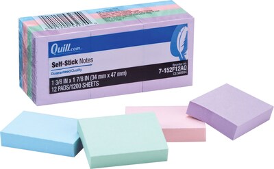 Quill Brand® Self-Stick Notes, 1-3/8" x 1-7/8", Coastal Pastel Colors, 100 Sheets/Pad, 12 Pads/Pack (7152F12AQ)