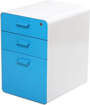 Poppin Stow 3-Drawer Mobile Vertical File Cabinet, Letter/Legal Size, Lockable, 24"H x 15.75"W x 20"D, White and Blue (100429)