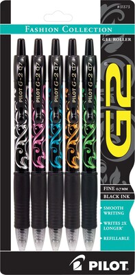 Pilot G2 Fashion Collection Retractable Gel Pens, Fine Point, Black Ink, 5/Pack (31373)