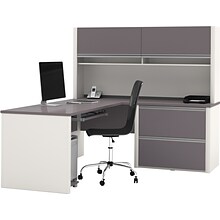 Bestar Connexion Collection 71W L-Shaped Desk with Oversize Pedestal and Hutch, Sandstone and Slate