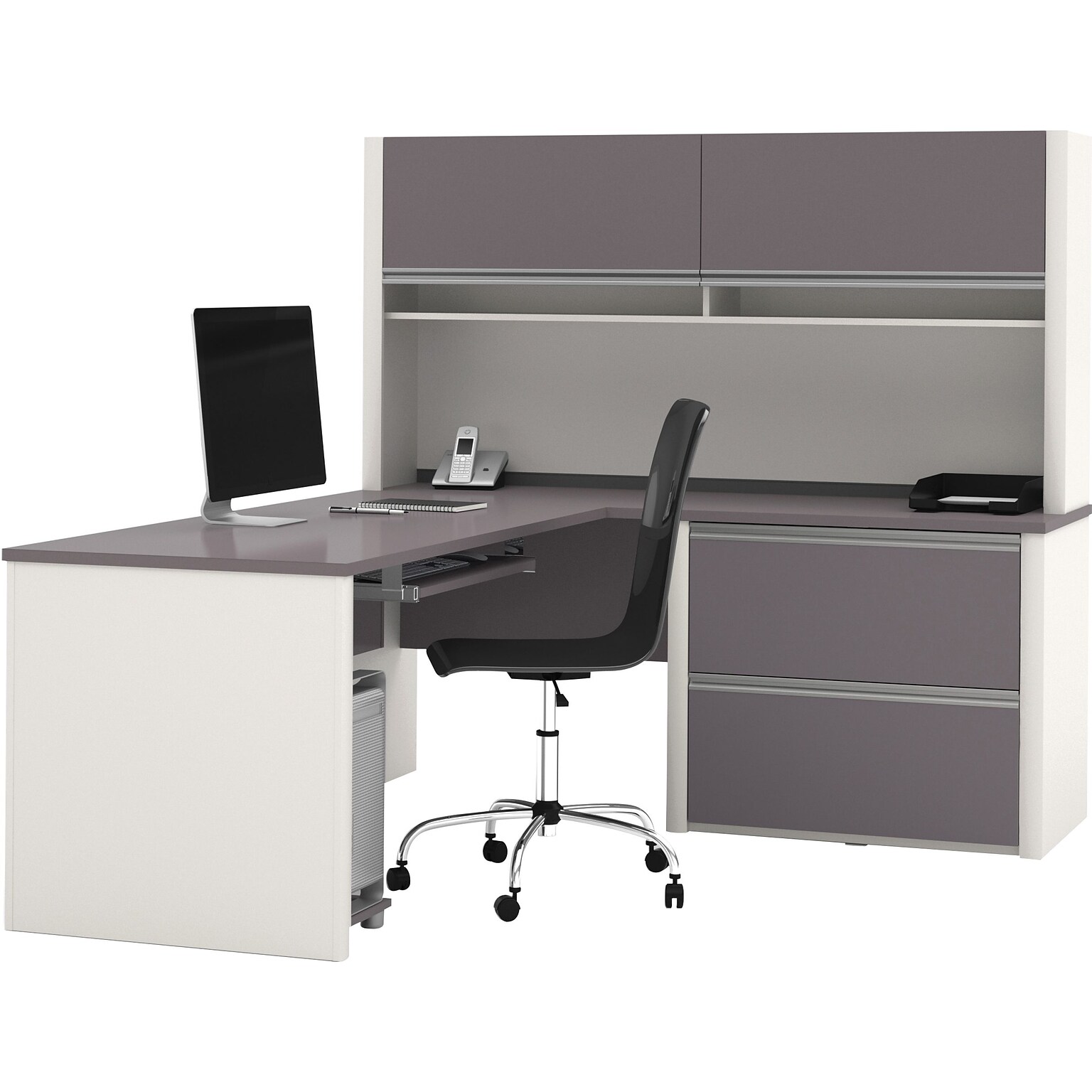Bestar Connexion Collection 71W L-Shaped Desk with Oversize Pedestal and Hutch, Sandstone and Slate (93867-59)