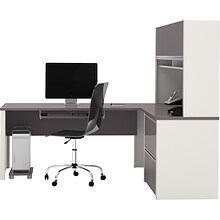 Bestar Connexion Collection 71W L-Shaped Desk with Oversize Pedestal and Hutch, Sandstone and Slate
