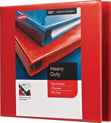 Staples® Heavy Duty 3 3 Ring View Binder with D-Rings, Red (ST56298-CC)