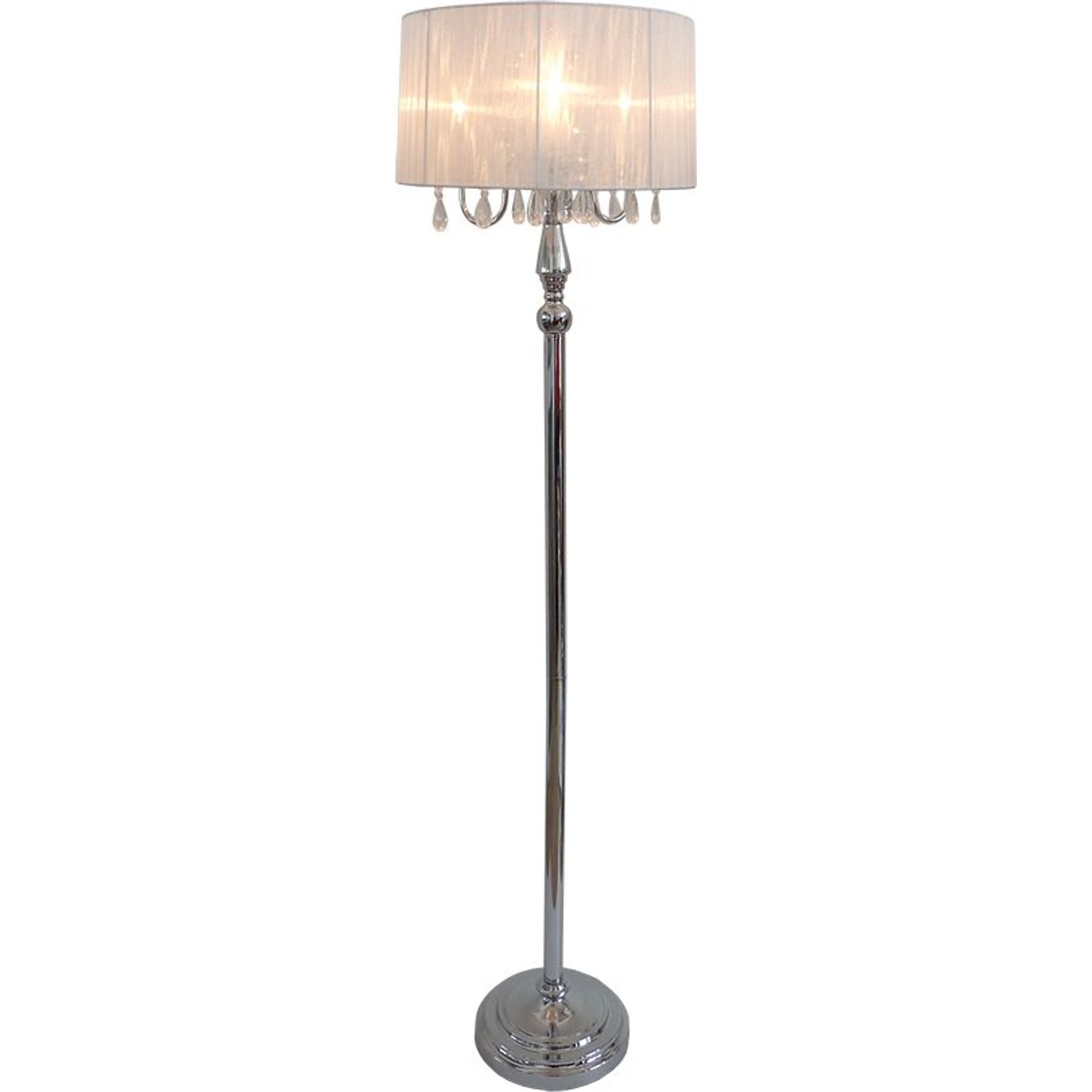Elegant Designs Sheer White Shade Floor Incandescent Lamp With Hanging Crystals, Chrome