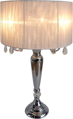 Elegant Designs Trendy Sheer White Shade Table Lamp With Hanging Crystals, Chrome Finish