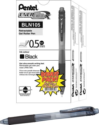 Pentel® EnerGel-X™ Retractable Roller Gel Pens, Fine Point, Black Barrel with Black Ink, 24/Pack (BL