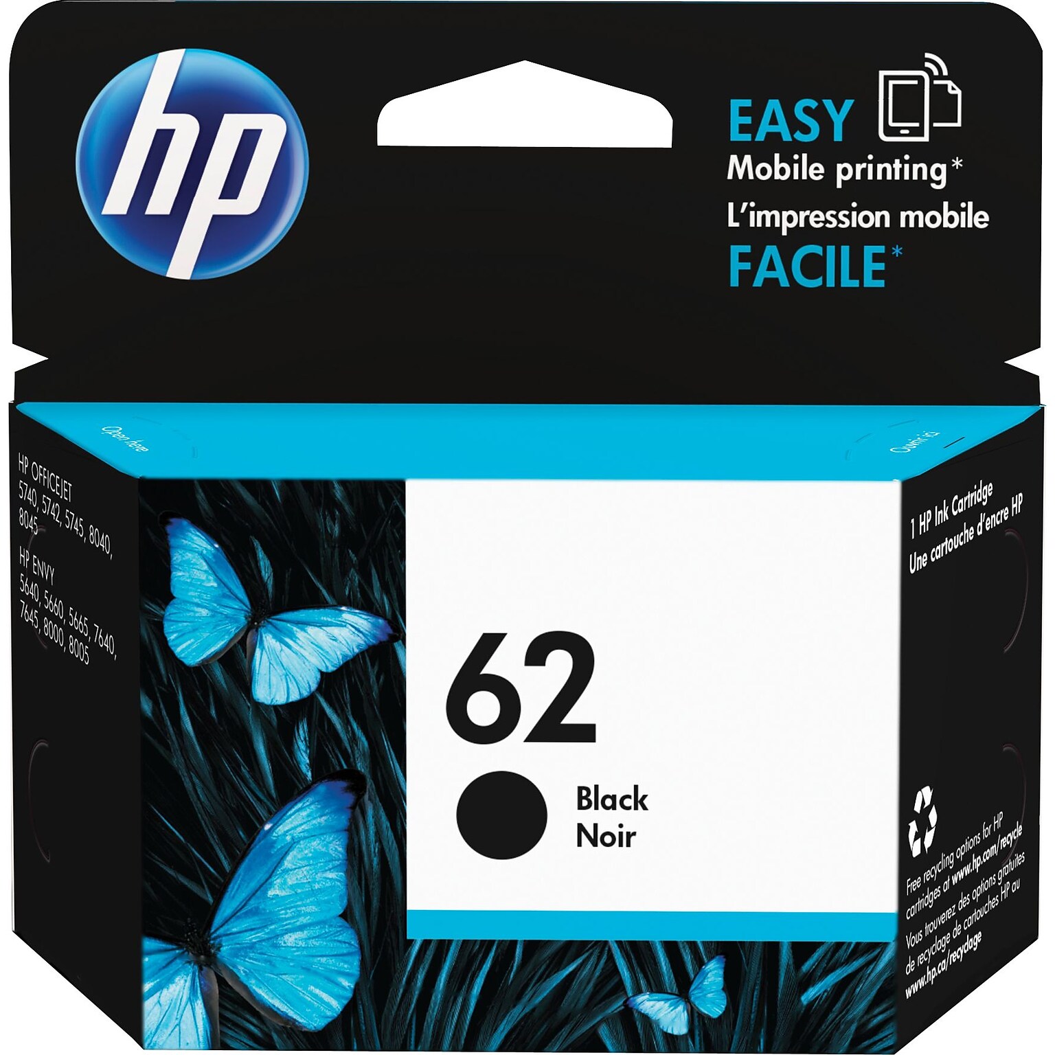 HP 62 Black Standard Yield Ink Cartridge (C2P04AN#140), print up to 200 pages