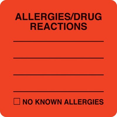 Medical Arts Press® Allergy Warning Medical Labels, Allergies/Drug Reaction, Fluorescent Red, 2x2,