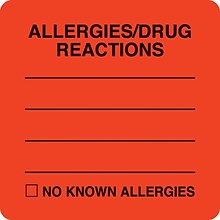Medical Arts Press® Allergy Warning Medical Labels, Allergies/Drug Reaction, Fluorescent Red, 2x2,