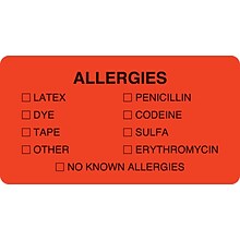 Medical Arts Press® Allergy Warning Medical Labels, Allergies, Fluorescent Red, 1-3/4x3-1/4, 500 La