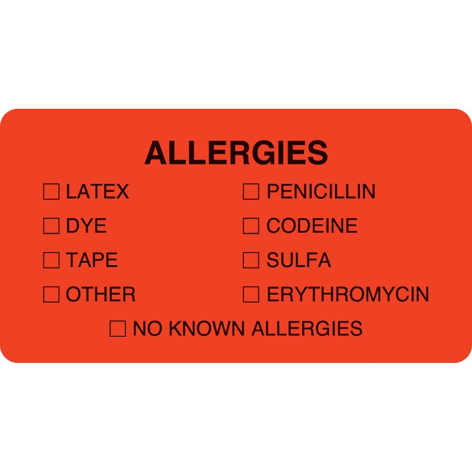 Medical Arts Press® Allergy Warning Medical Labels, Allergies, Fluorescent Red, 1-3/4x3-1/4, 500 Labels