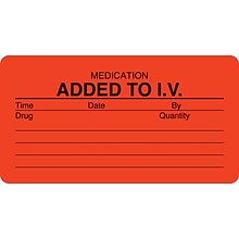 Medical Arts Press® IV/Medication Labels, Medication Added to I.V., Fluorescent Red, 1-3/4x3-1/4, 5